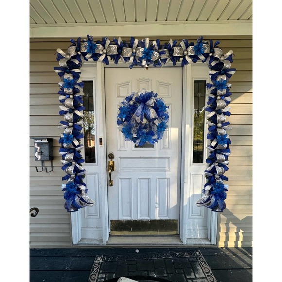 Blue and Silver Wreath & Christmas Garland Holiday Home Decor, Front Door Hanger - Picture 1 of 11